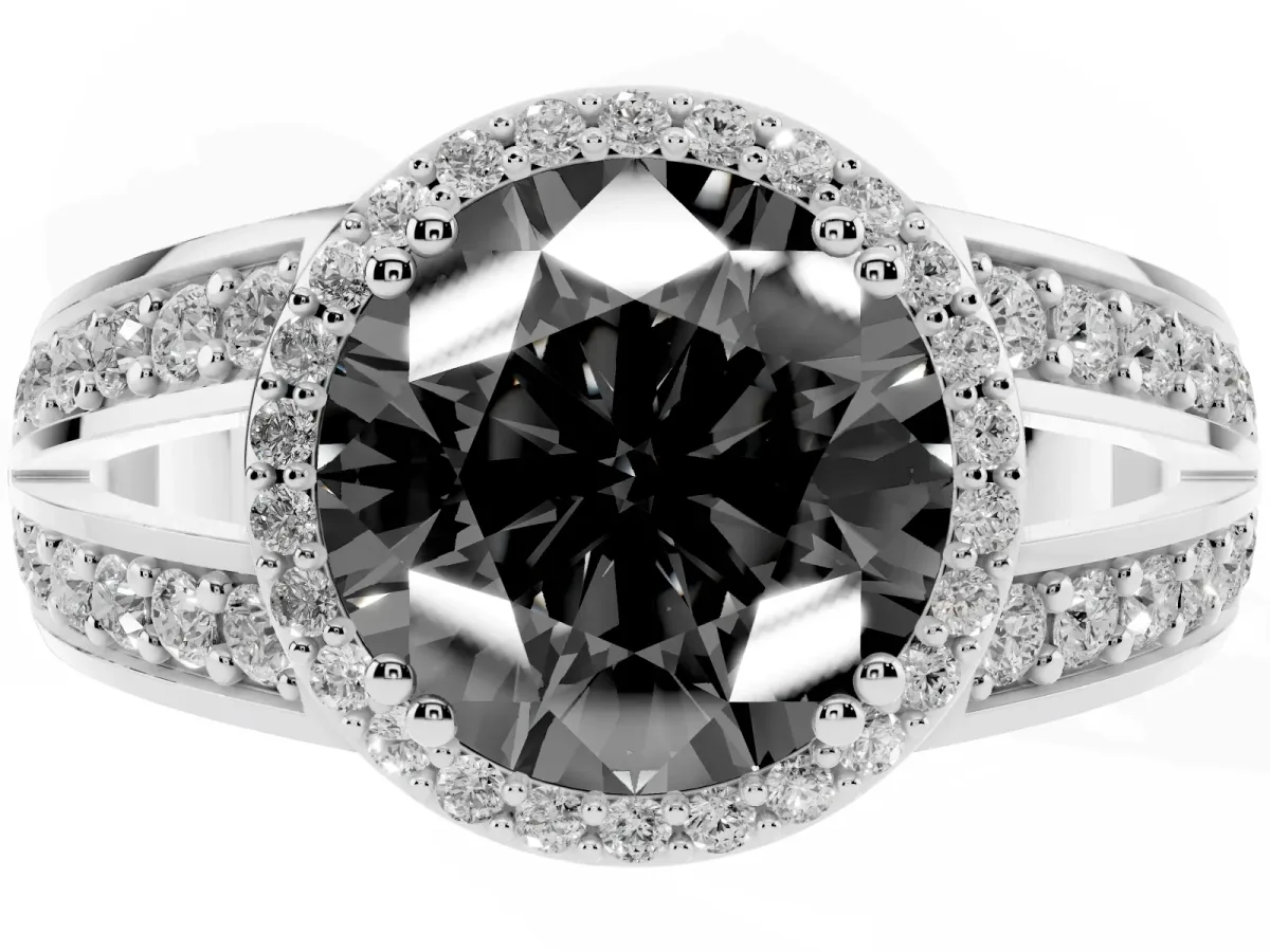 Fancy Black Round Cut Diamond Halo Ring with Split Shank Pavé Band and Four-Prong Setting Platinum