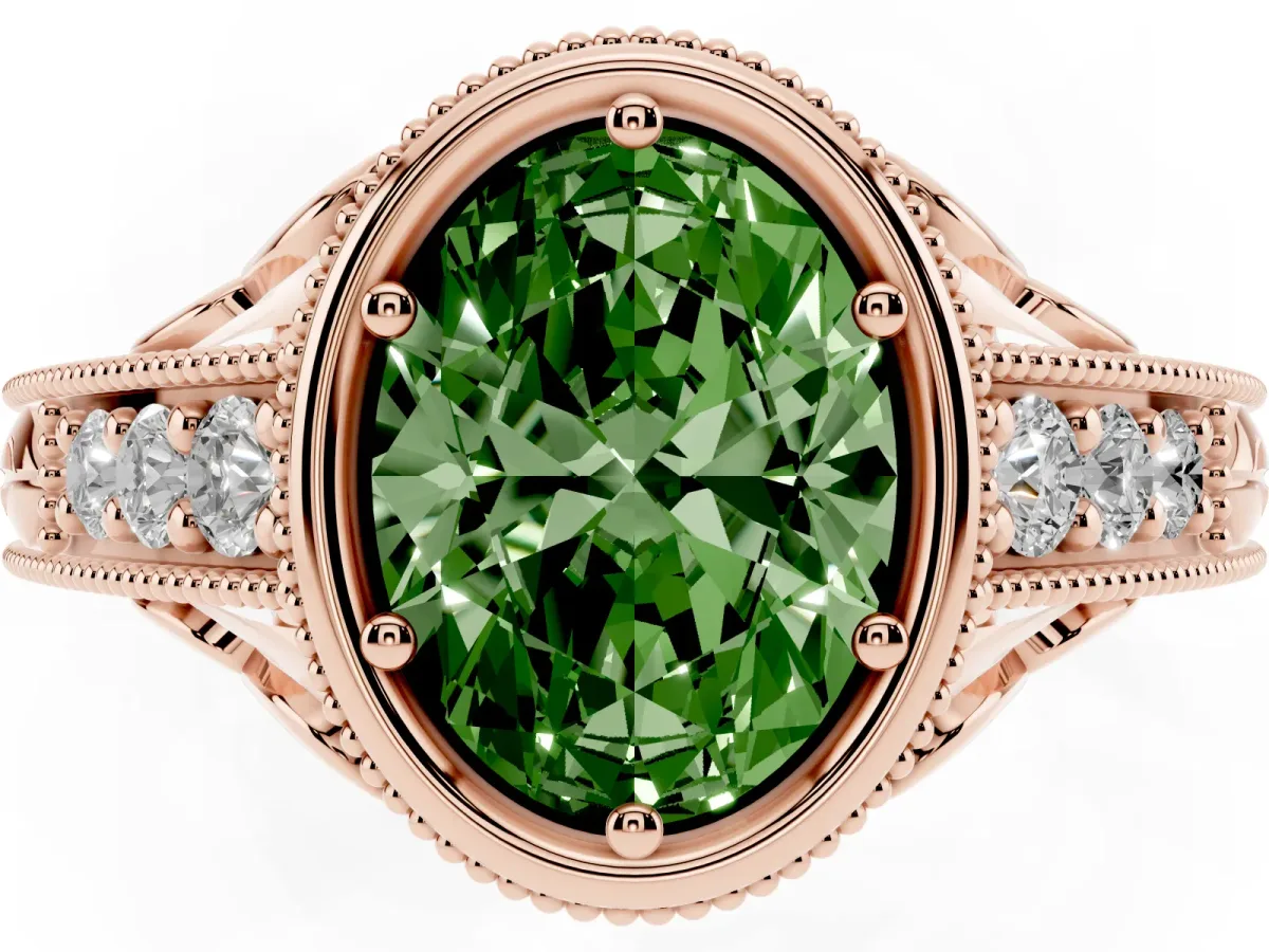 Fancy Green Bezel Set Oval Cut Diamond Milgrain Pave Engagement Ring Rose gold