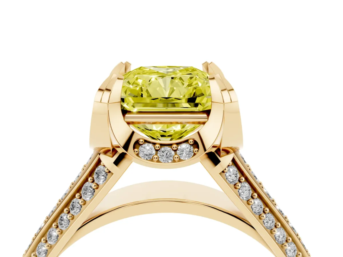 Fancy Yellow Radiant Cut Solitaire Pave Split Shank Ring with Four-Prong Setting Yellow gold