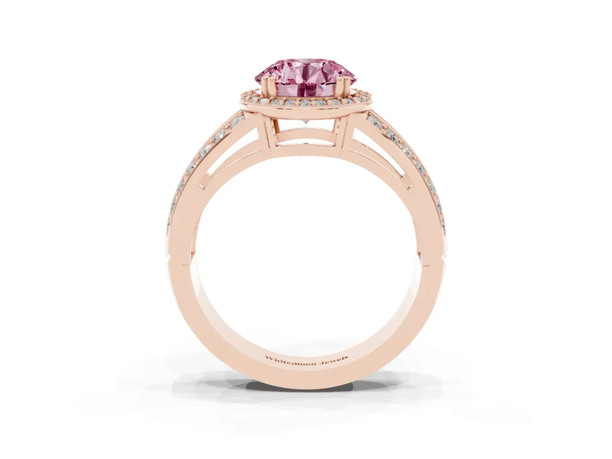 Fancy Pink Round Cut Diamond Halo Ring with Split Shank Pavé Band and Four-Prong Setting Rose gold