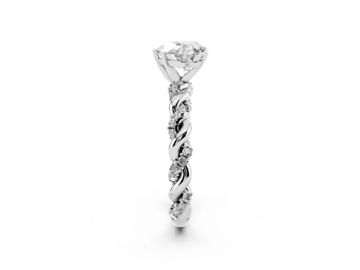 Heart Cut Diamond Solitaire Ring with Twisted Band and Pavé Accents White gold