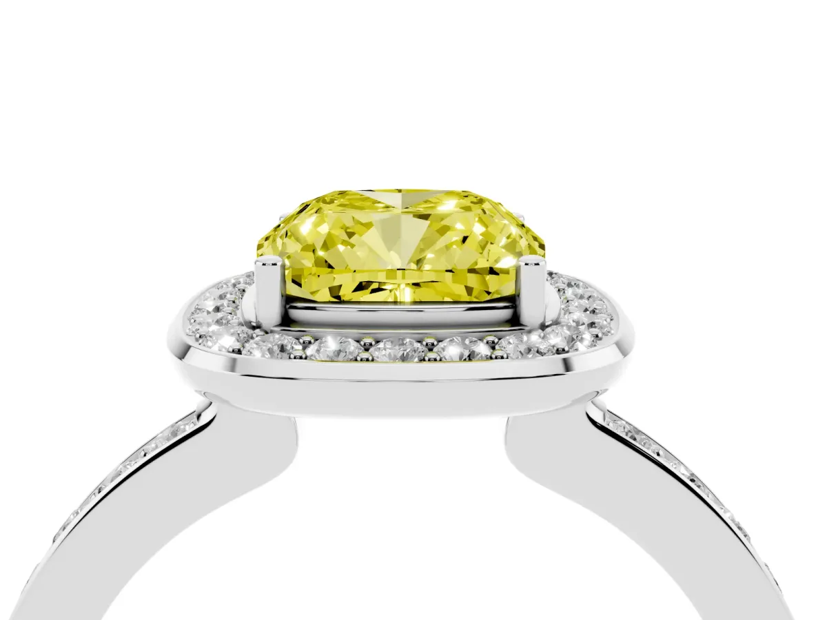 Fancy Yellow Cushion Cut Diamond Halo Ring with Bezel Frame and Pavé Band Silver
