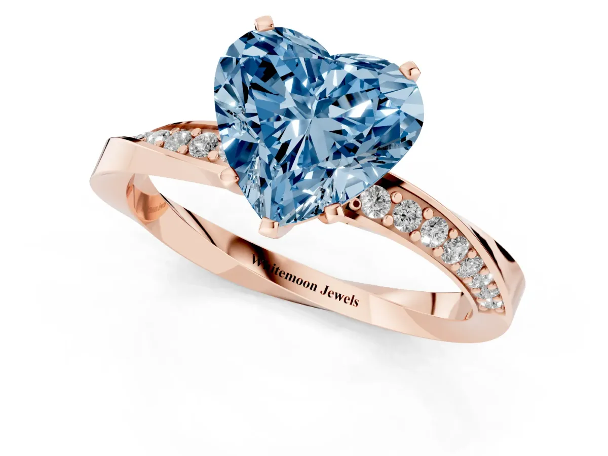 Fancy Blue Heart Cut Diamond Engagement Ring with Side Stone Accents and Four-Prong Setting Rose gold