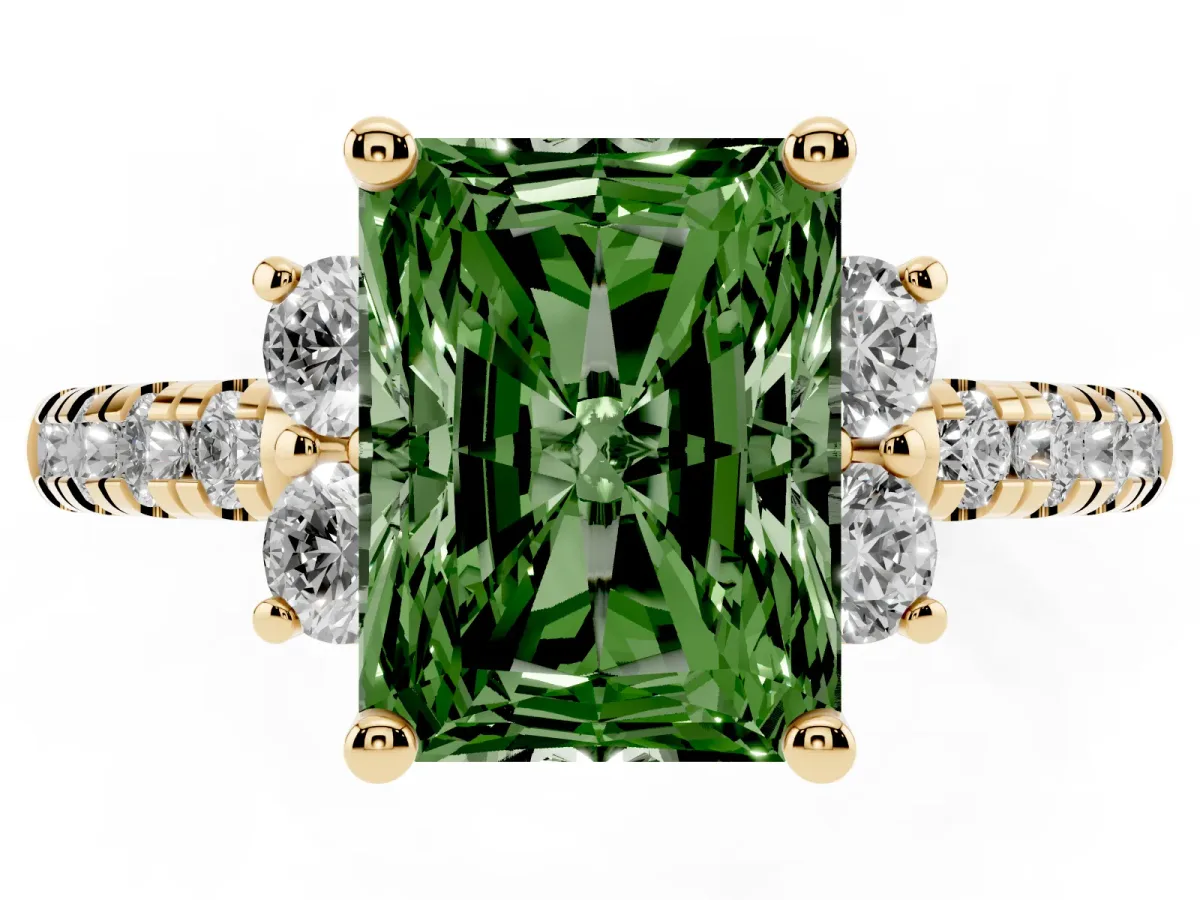 Fancy Green Radiant Cut Diamond Three-Stone Pave Band with Four-Prong Setting Yellow gold