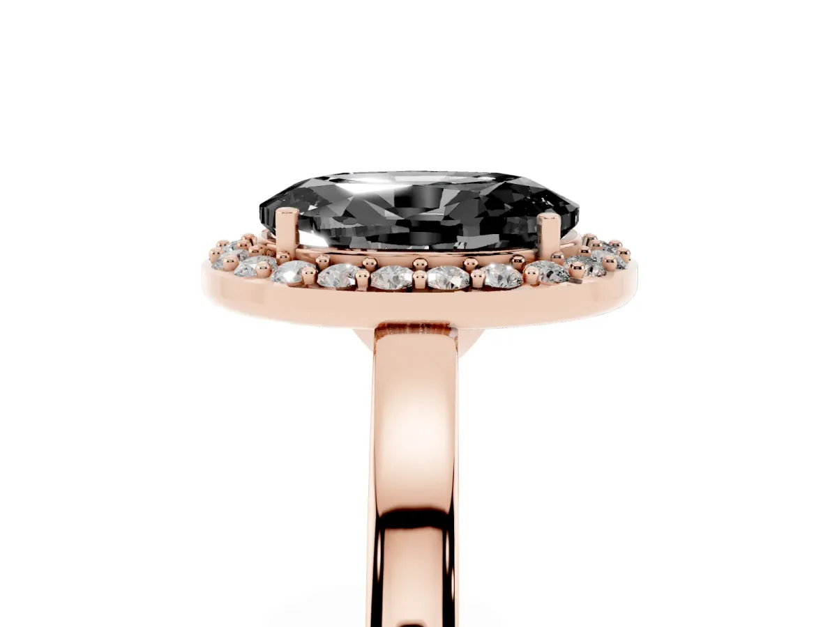 Fancy Black Oval Cut Halo Diamond Ring with Solitaire Band and Prong Setting Rose gold