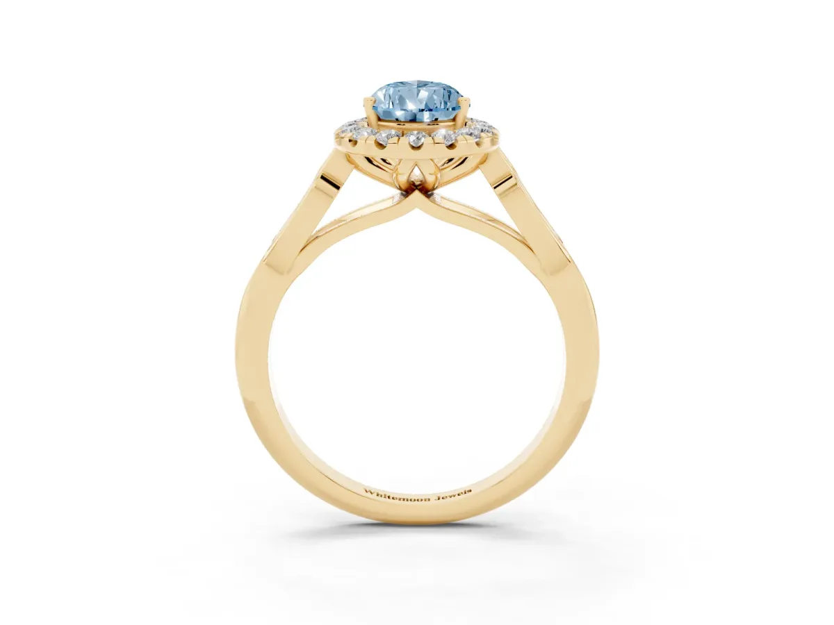 Fancy Blue Pear Cut Halo Diamond Engagement Ring with Filigree Band and Four-Prong Setting Yellow gold
