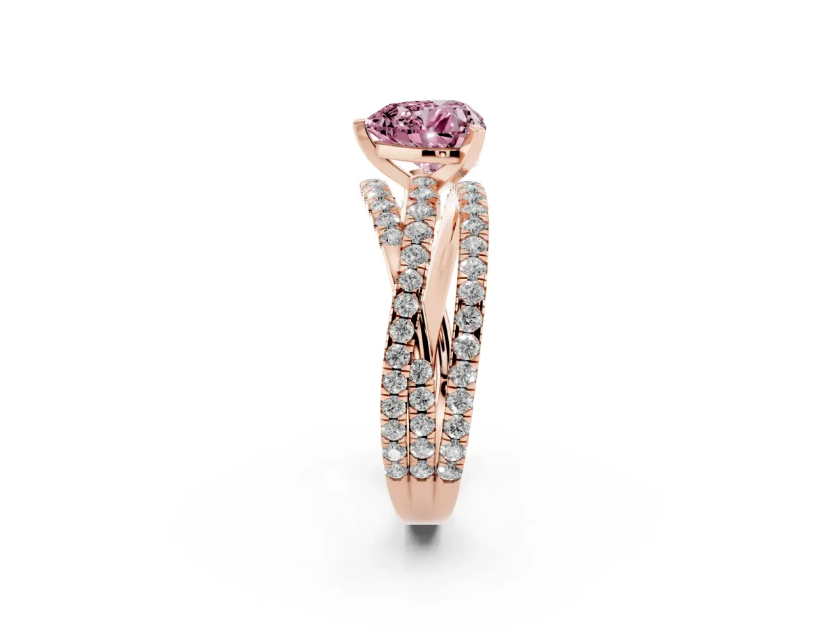 Fancy Pink Heart Cut Solitaire Twist Band with Pavé Setting and Four-Prong Setting Rose gold