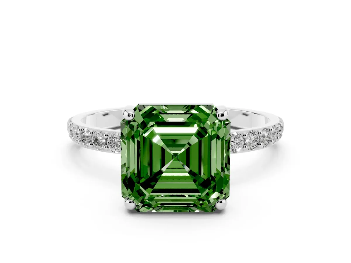 Fancy Green Asscher Cut Diamond Solitaire Ring with Round Pavé Band and Prong Setting Silver