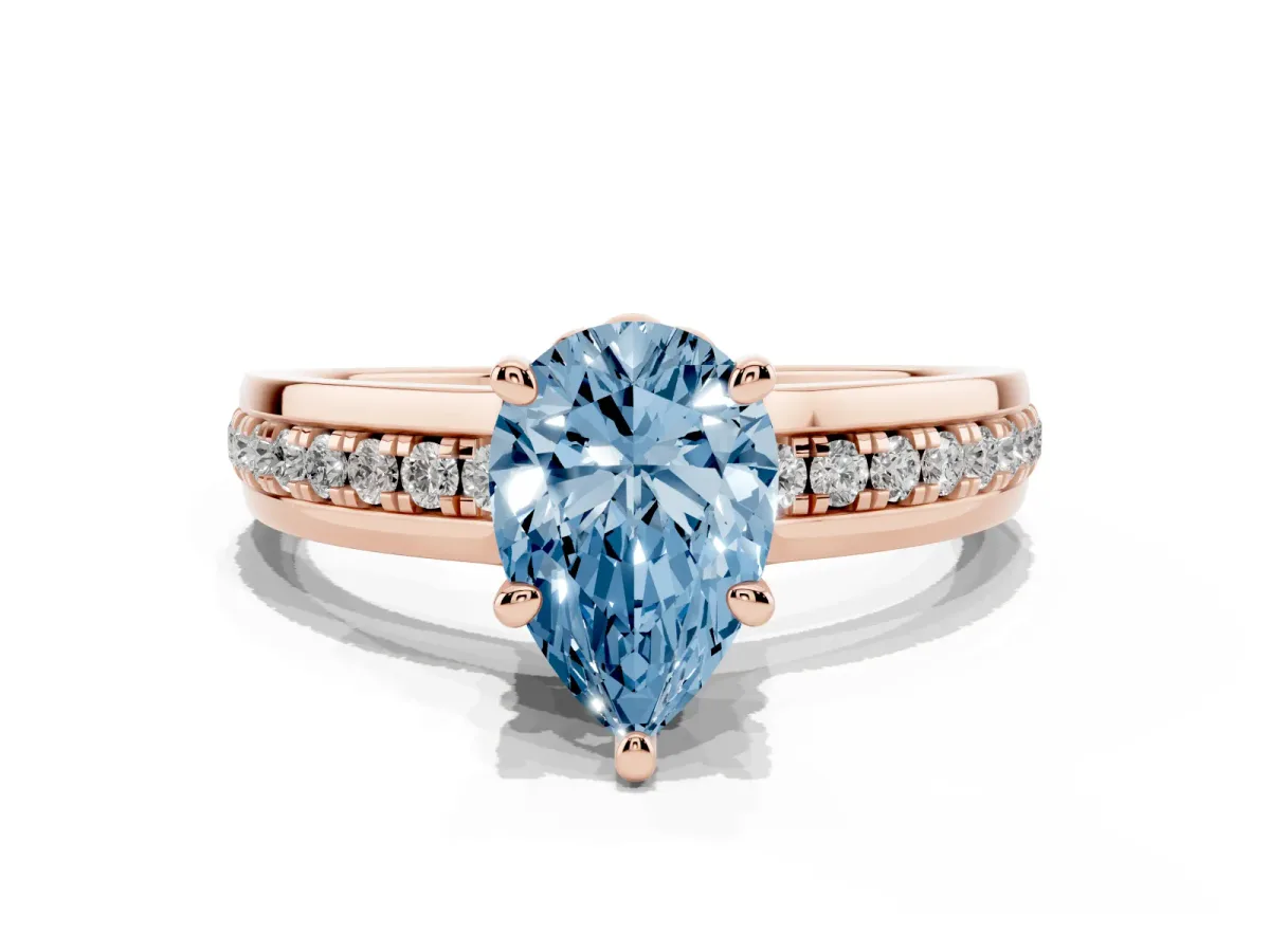 Fancy Blue Pear Cut Solitaire Diamond Ring with Channel Set Band and Six-Prong Setting Rose gold