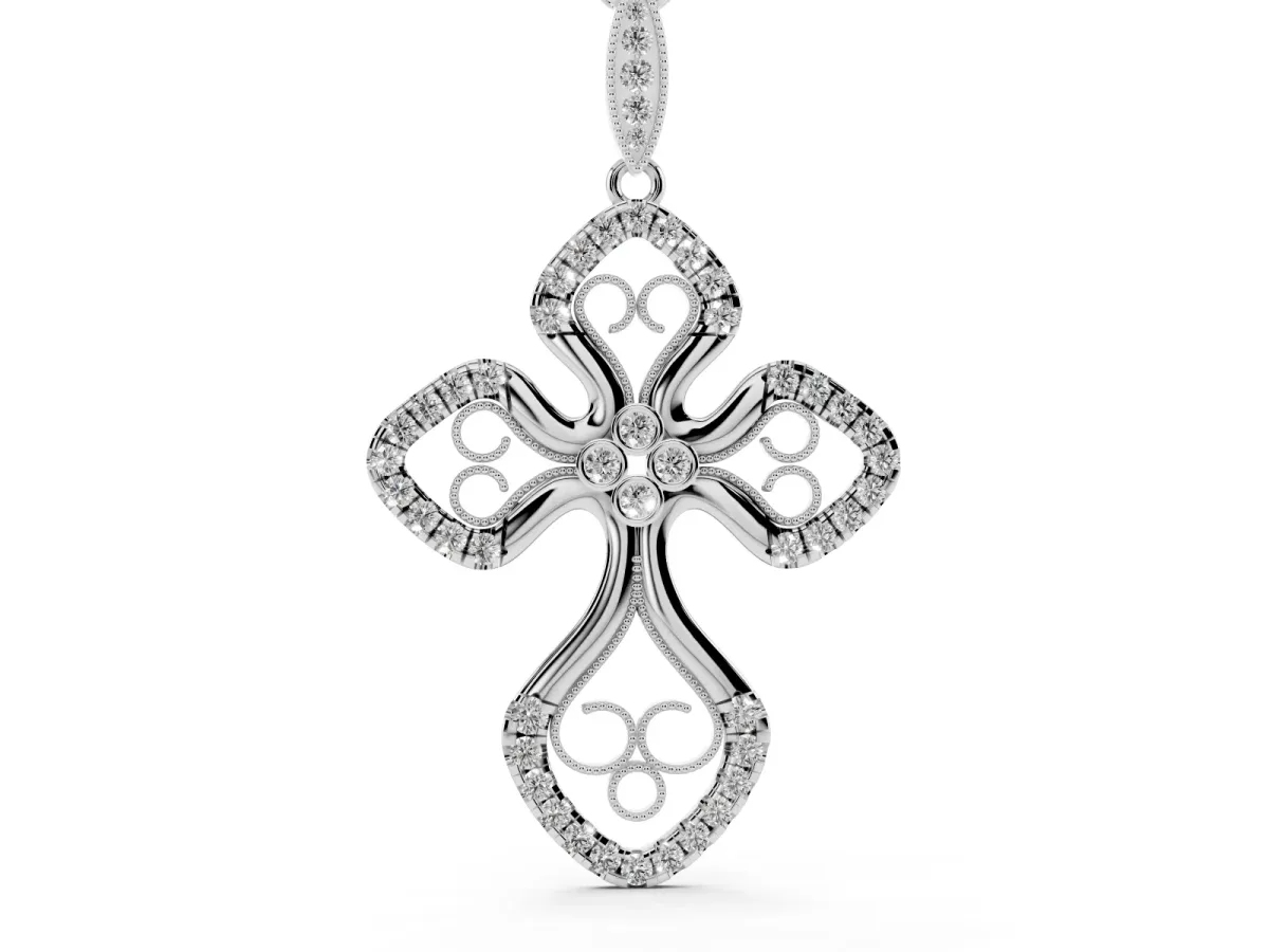 Diamond Pavé Round Milgrain Cross Pendant Silver