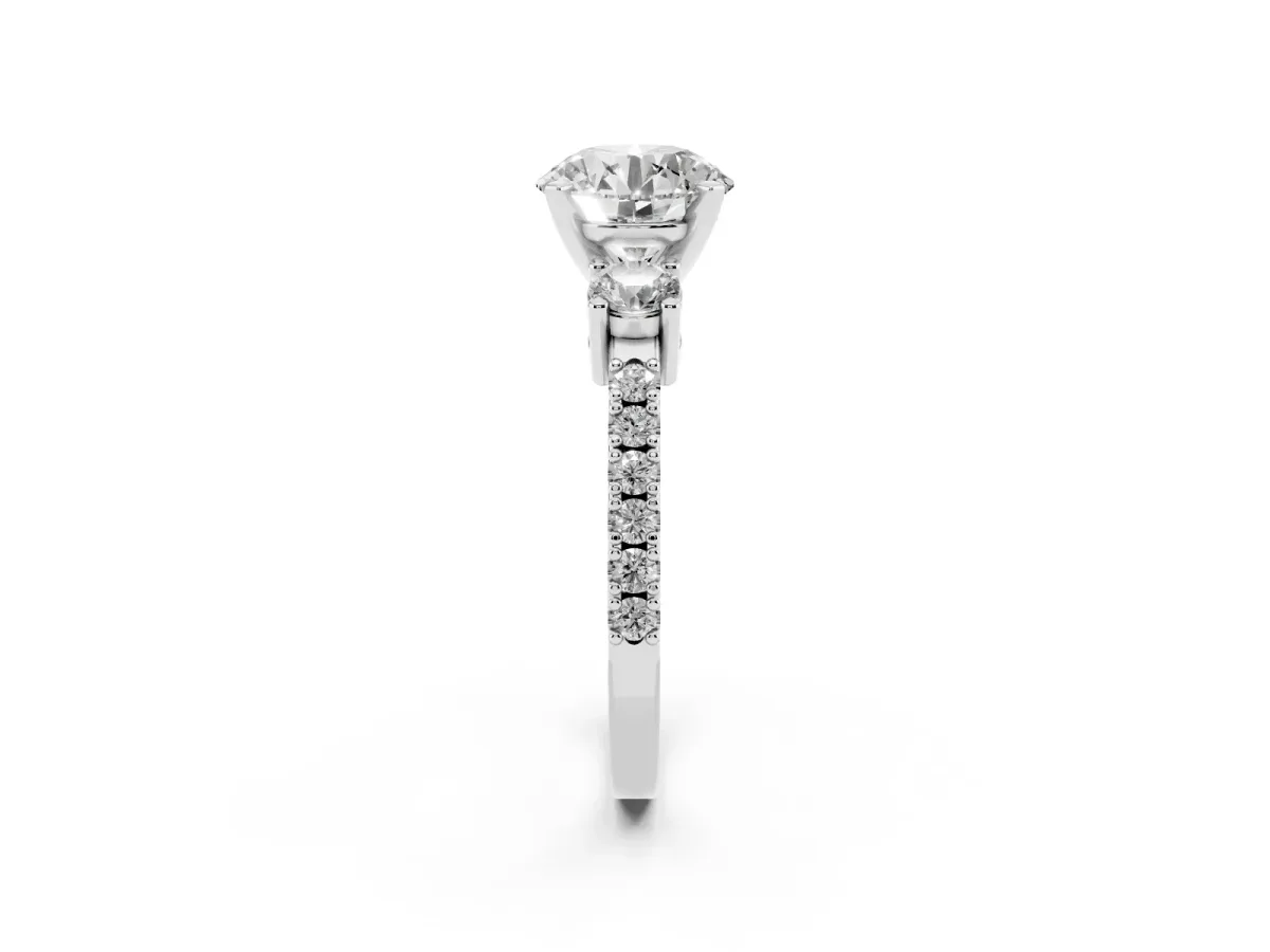 Round Cut Three-Stone Diamond Pavé Band with Prong Setting White gold