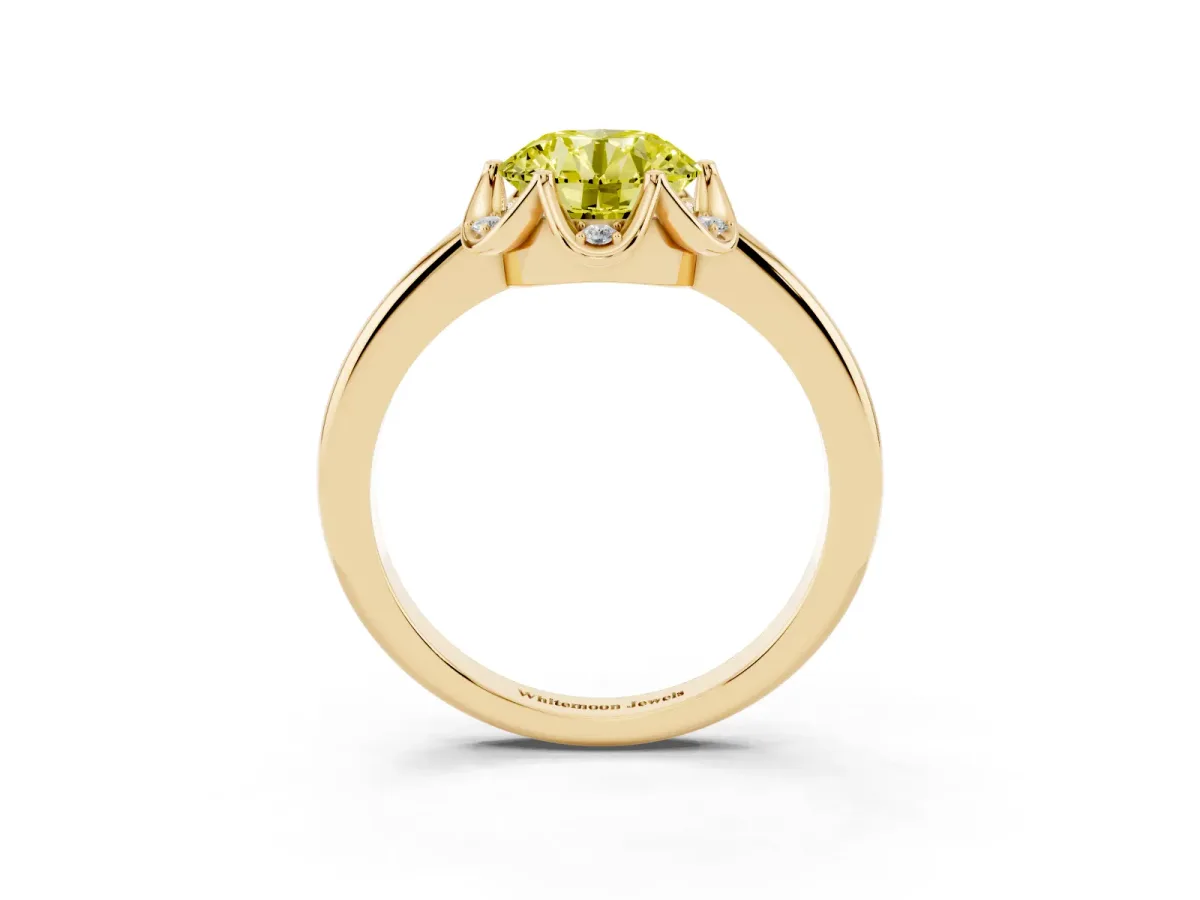 Fancy Yellow Round Cut Halo Diamond Ring with Round Cluster Setting, Solitaire Band, and Four-Prong Setting Yellow gold