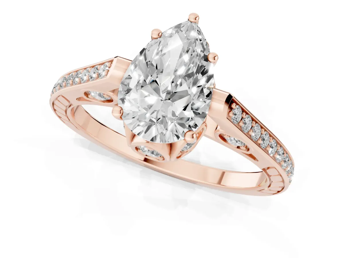 Pear Cut Cut Cathedral Pave Diamond Engagement Ring with Six-Prong Setting Rose gold