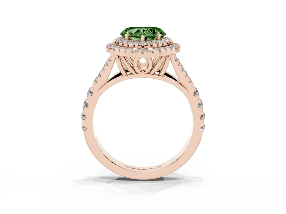 Fancy Green Heart Cut Cut Double Halo Split Shank Diamond Ring with Prong Setting Rose gold