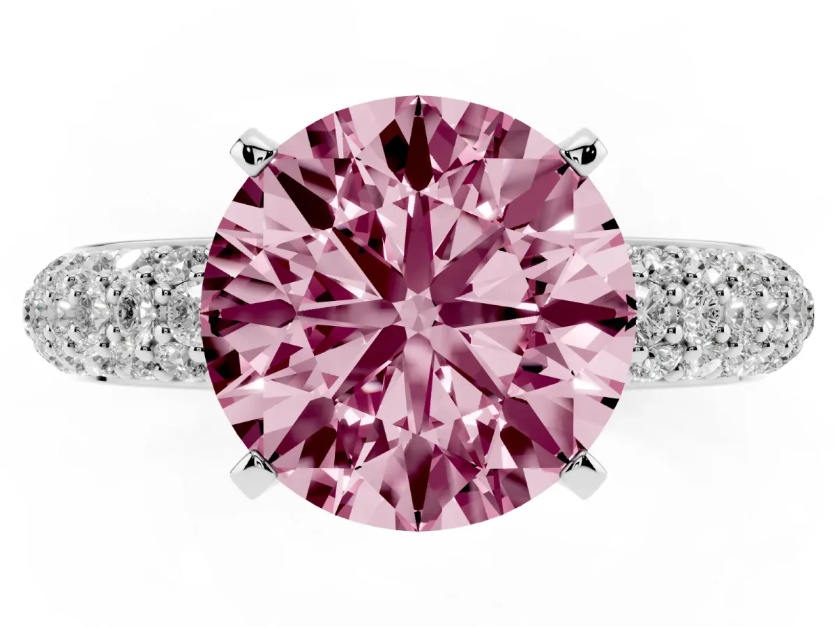 Fancy Pink Round Cut Diamond Solitaire Ring with Prong Setting and Pavé Band Silver