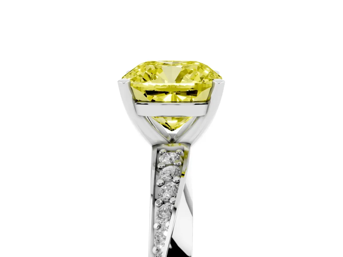 Fancy Yellow Cushion Cut Diamond Engagement Ring with Side Stone Accents and Four-Prong Setting Platinum