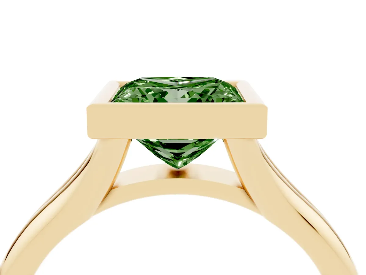 Fancy Green Bezel Set Princess Cut Solitaire Diamond Ring with Smooth Band Yellow gold
