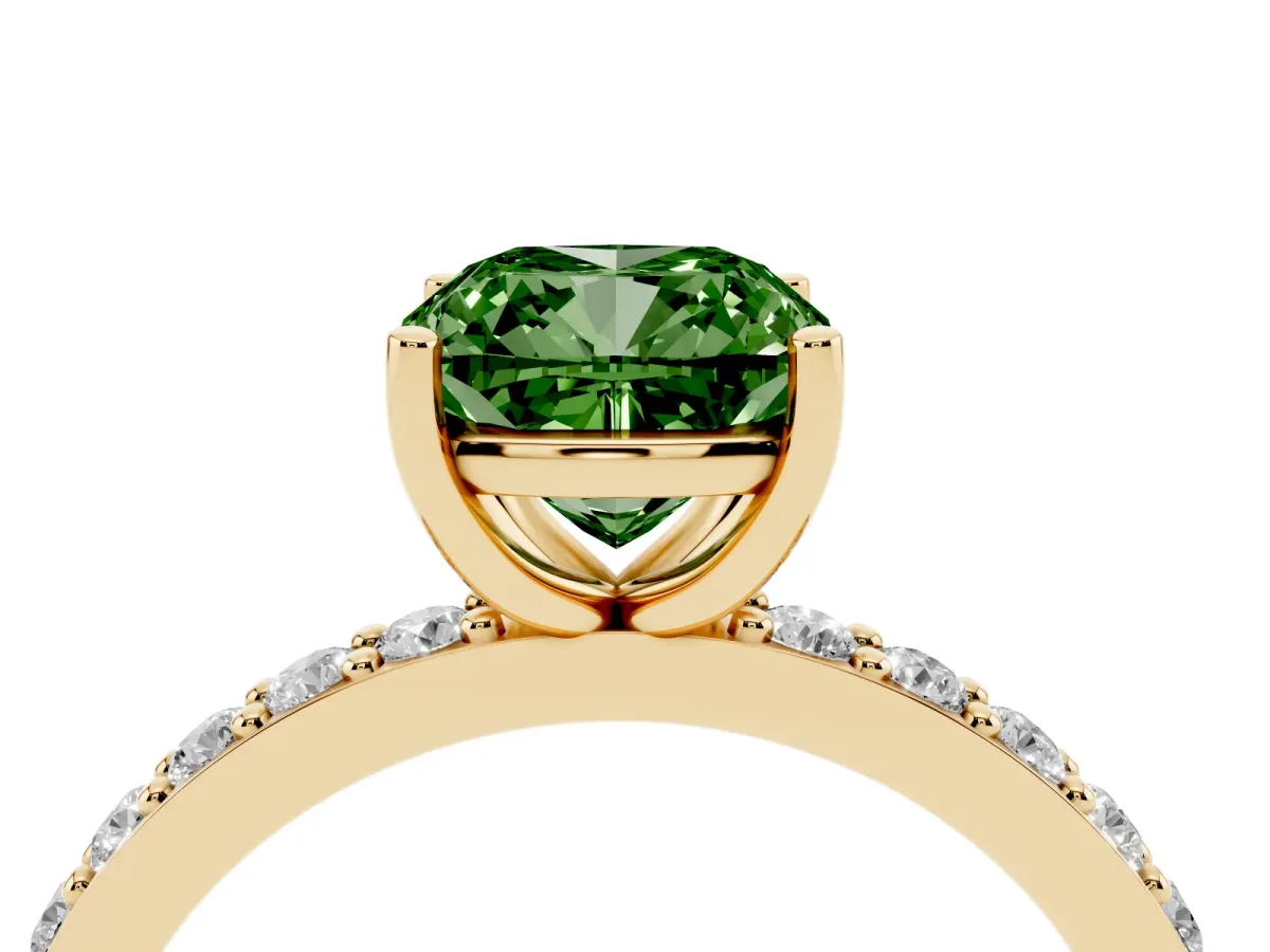 Fancy Green Cushion Cut Cut Diamond Solitaire with Pave Band and Four-Prong Setting Yellow gold