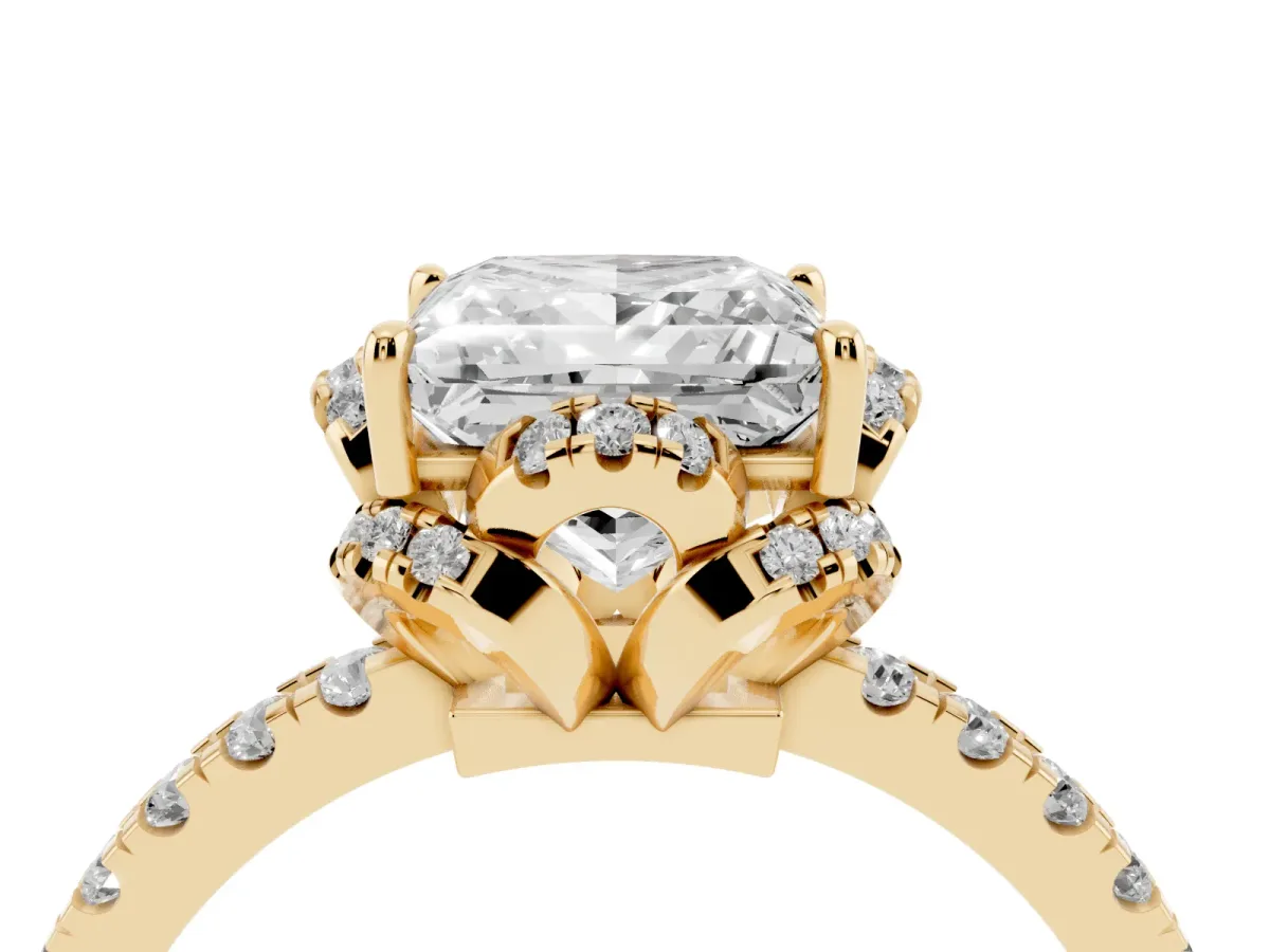Princess Cut Halo Diamond Pave Band Ring with Four-Prong Setting Yellow gold