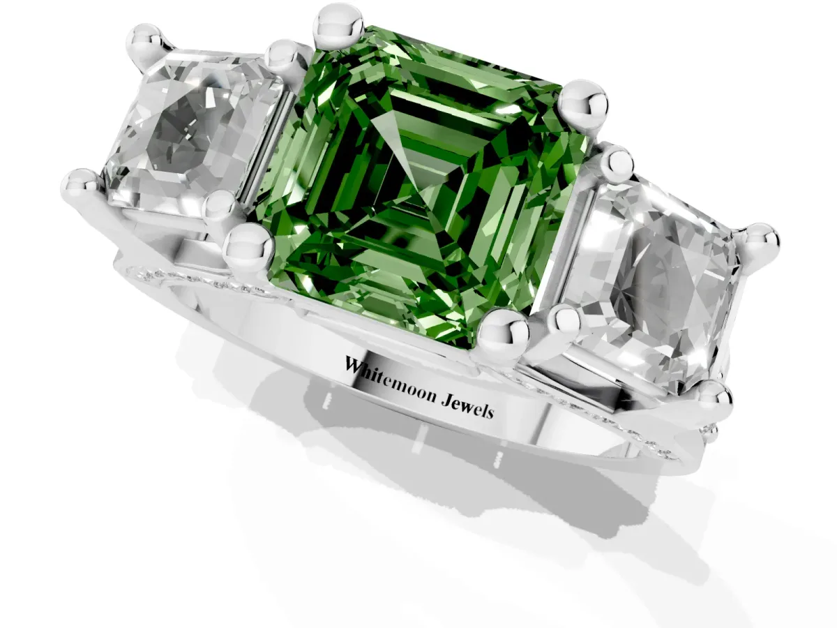 Fancy Green Asscher Cut Diamond Three-Stone Ring with Channel Set Band and Four-Prong Setting Silver