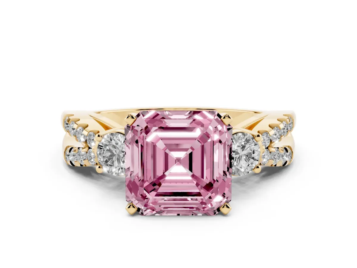 Fancy Pink Asscher Cut Diamond Three-Stone Ring with Pavé Split Shank and Four-Prong Setting Yellow gold