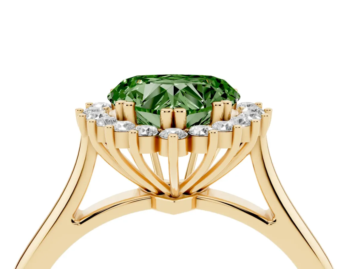 Fancy Green Heart Cut Cut Diamond Halo Ring with Solitaire Band and Prong Setting Yellow gold
