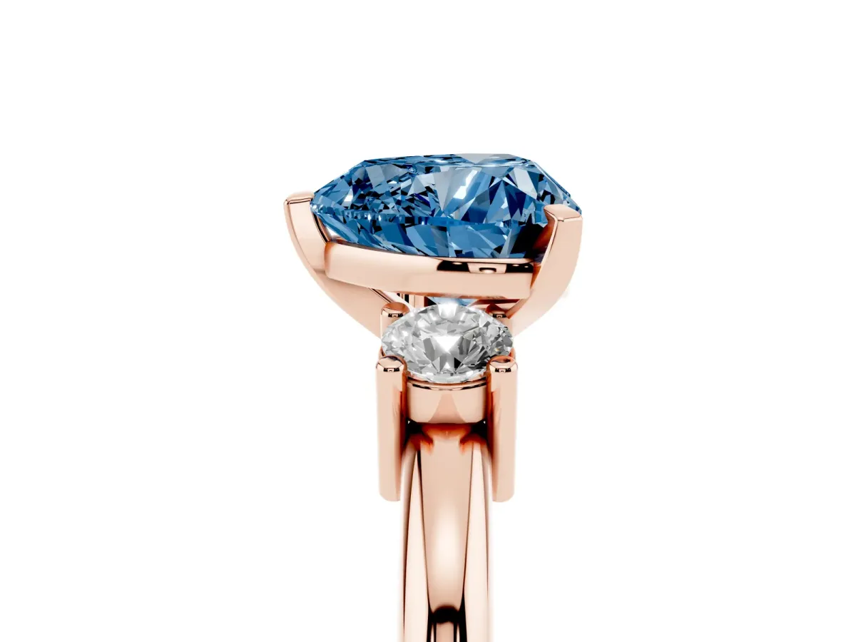 Fancy Blue Three-Stone Heart Cut Cut Diamond Solitaire with Prong Setting and Classic Band Rose gold