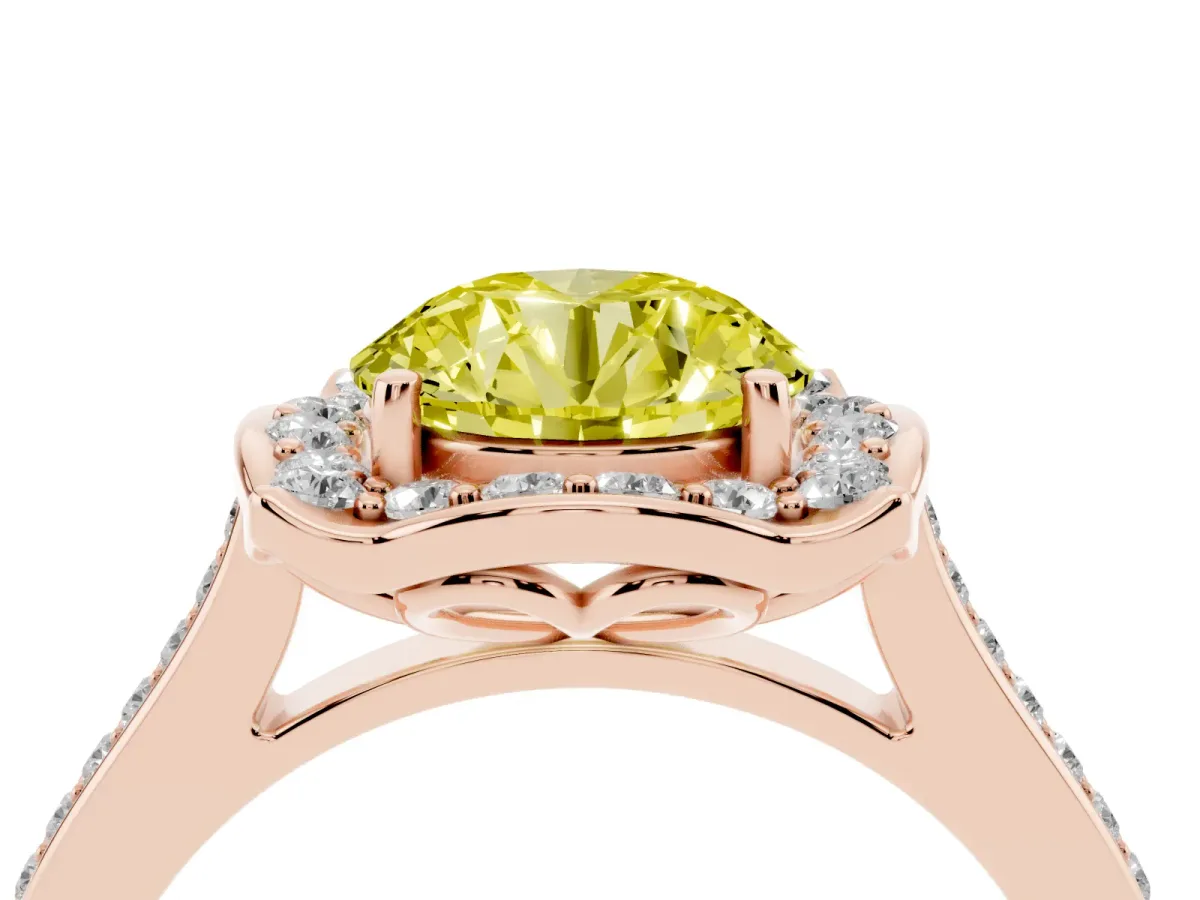 Fancy Yellow Round Cut Halo Round Diamond Pave Band with Four-Prong Setting Rose gold