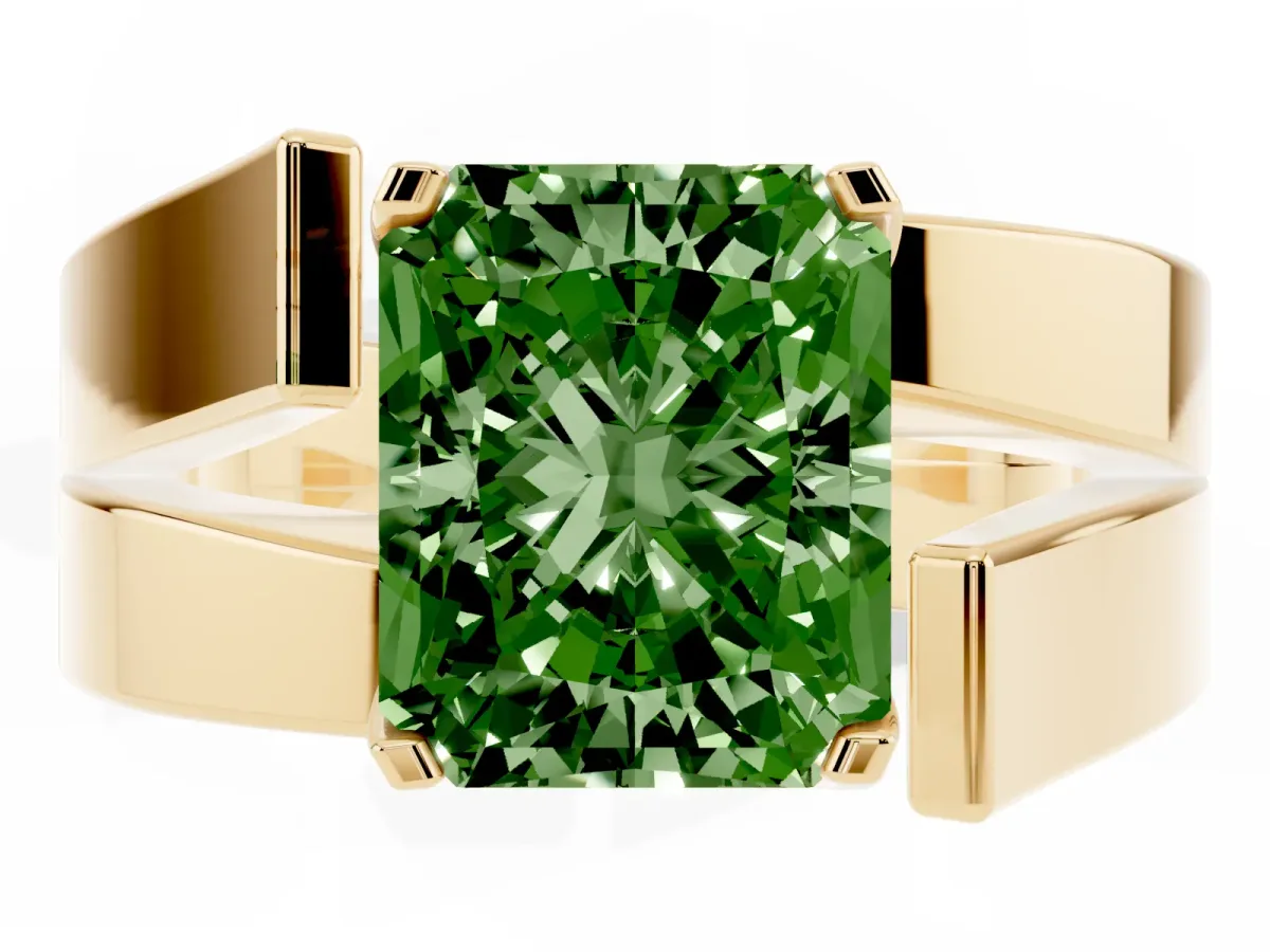 Fancy Green Modern Tension Set Radiant Cut Diamond Solitaire Wide Band Ring Yellow gold