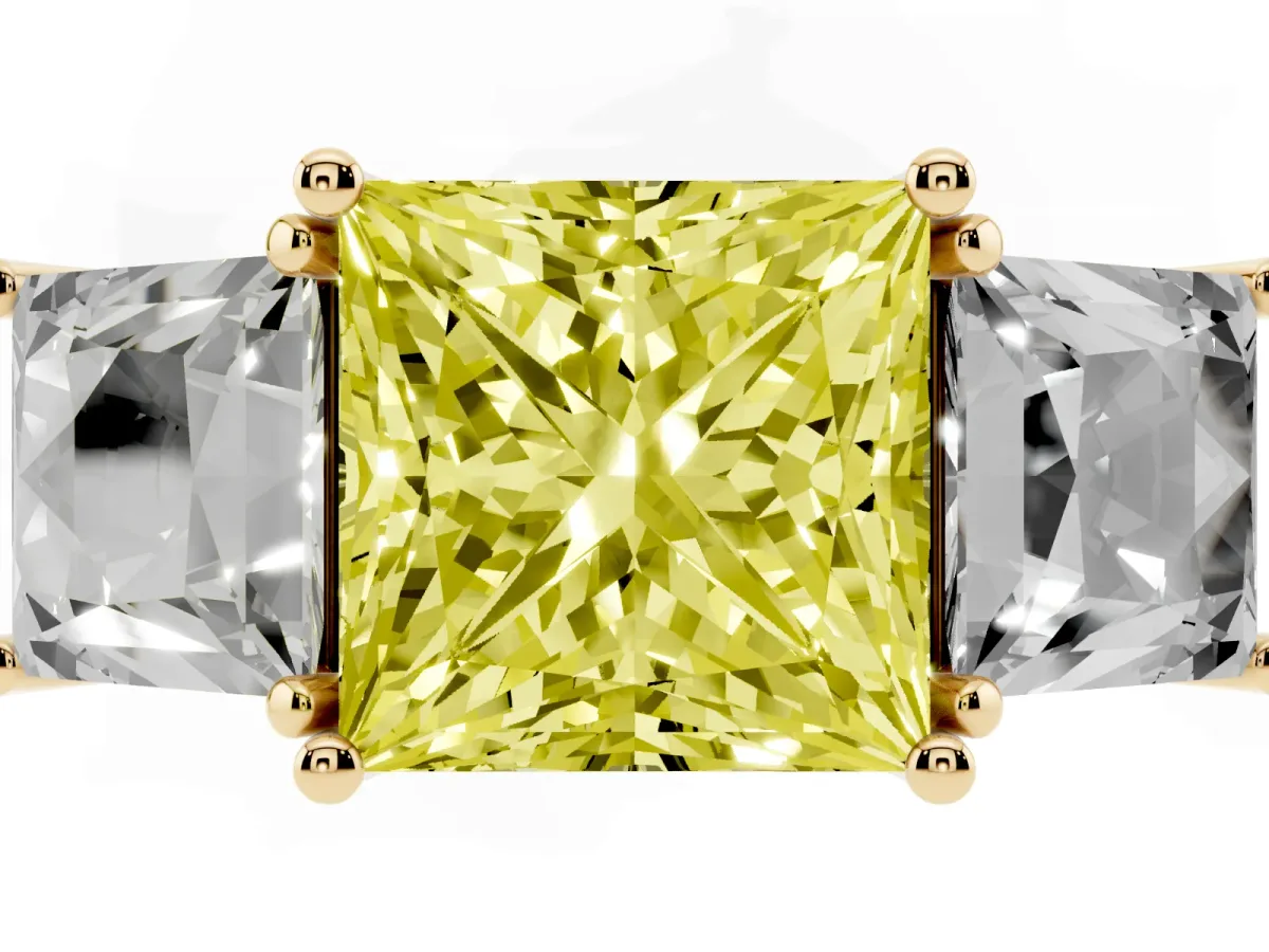 Fancy Yellow Three-Stone Princess Cut Diamond Pavé Band with Prong Setting Yellow gold
