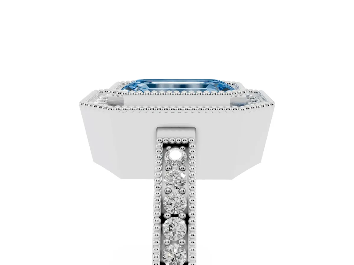 Fancy Blue Emerald Cut Cut Halo Diamond Ring with Pavé Band and Milgrain Prong Setting Platinum