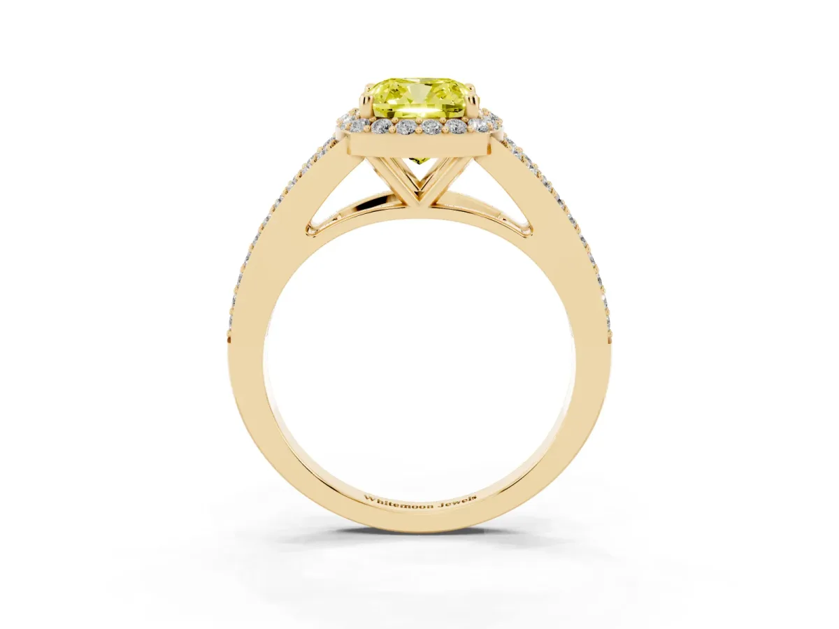 Fancy Yellow Cushion Cut Halo Split Shank Pave Diamond Ring with Four-Prong Setting Yellow gold