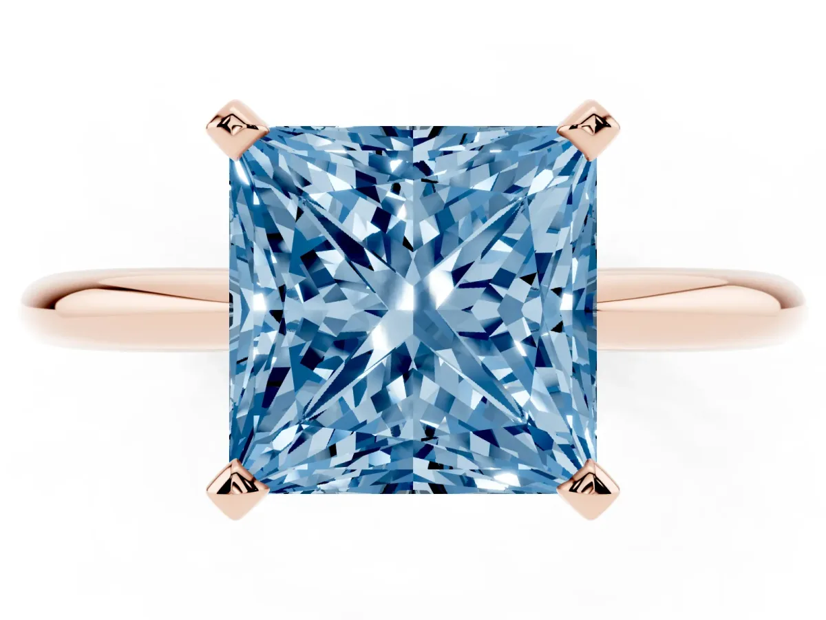 Fancy Blue Princess Cut Diamond Solitaire Ring with Prong Setting and Classic Band Rose gold