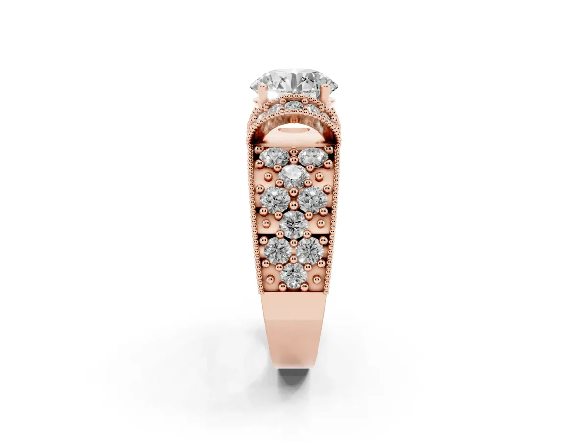 Round Cut Halo Pave Diamond Engagement Ring with Milgrain Detailing Rose gold