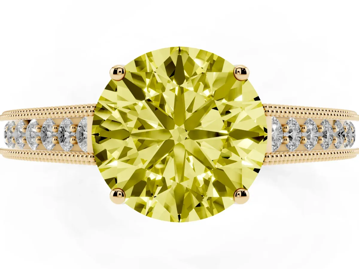 Fancy Yellow Round Cut Cut Pave Band Milgrain Solitaire Ring Yellow gold