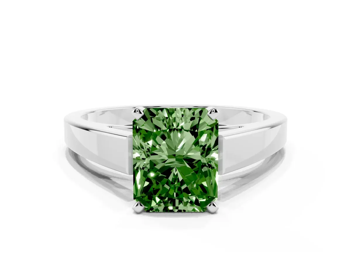 Fancy Green Radiant Cut Solitaire Engagement Ring with Four-Prong Setting and Tapered Band Platinum
