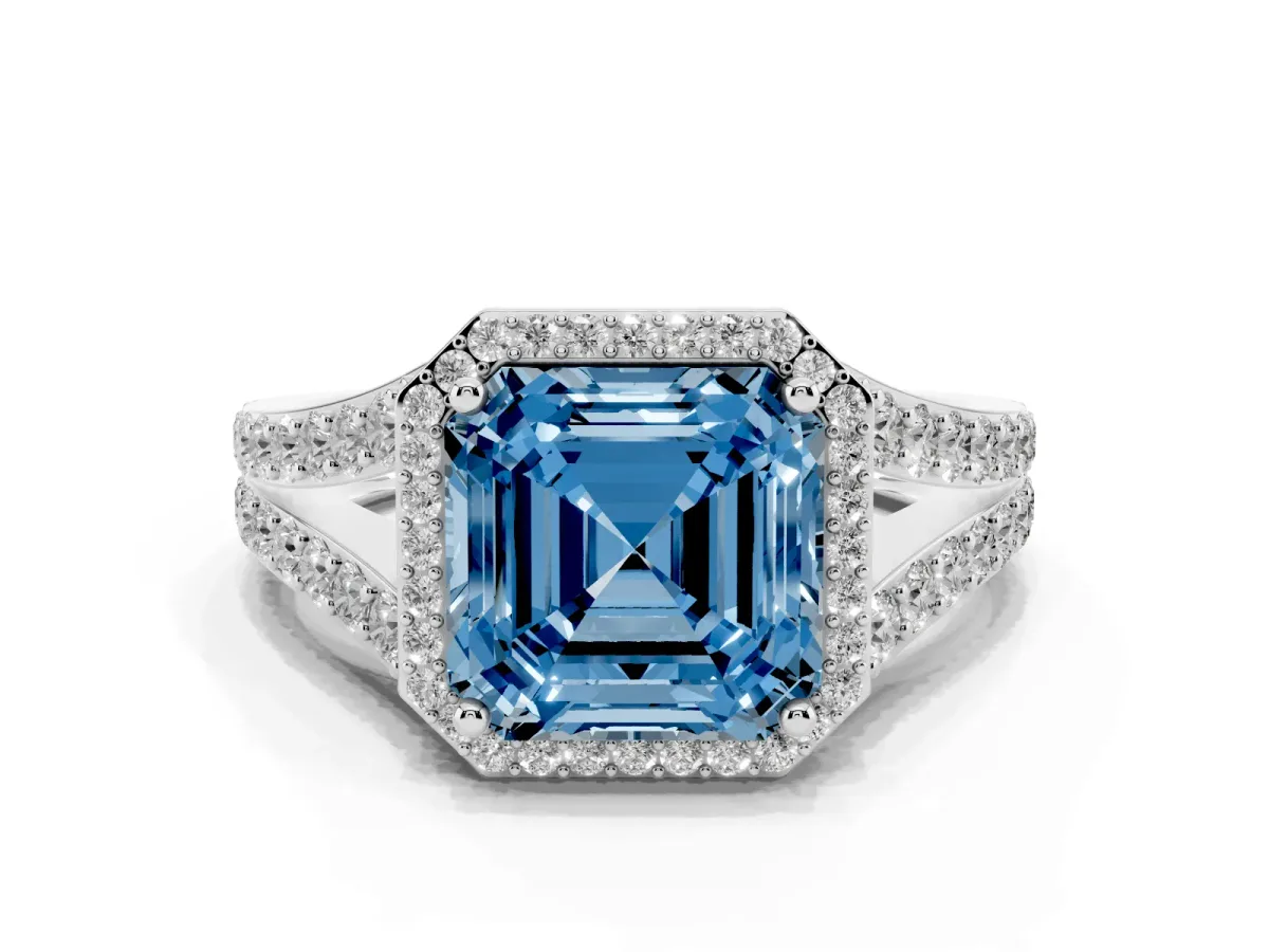 Fancy Blue Asscher Cut Diamond Split Shank Halo Ring with Four-Prong Setting Silver