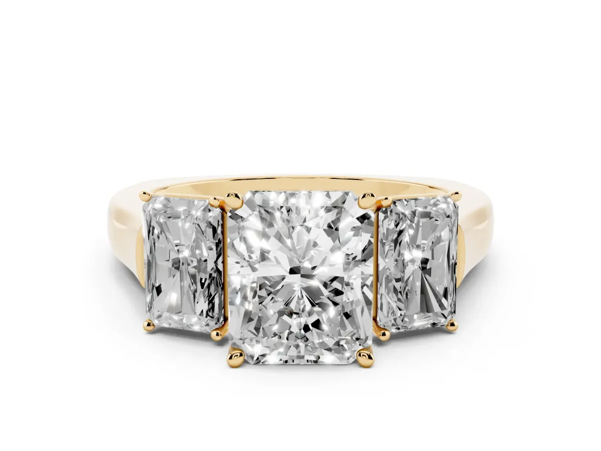 Three-Stone Radiant Cut Brilliant Diamond Trellis Ring with Comfort Fit Band Yellow gold