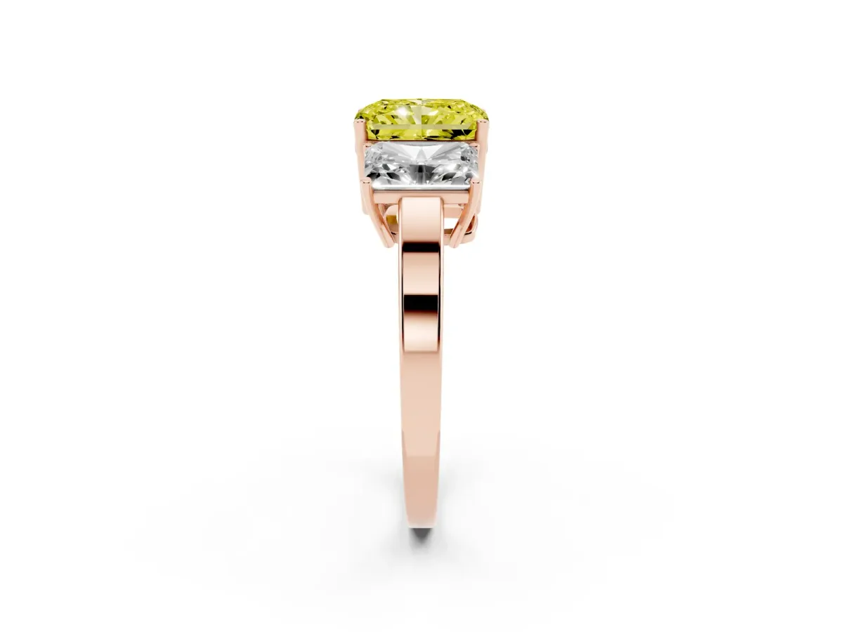 Fancy Yellow Three-Stone Radiant Cut Cut Diamond Engagement Ring with Flat Band and Four-Prong Setting Rose gold