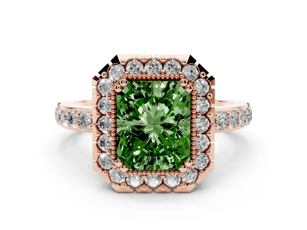 Fancy Green Radiant Cut Diamond Halo Ring with Pavé Band and Prong Setting Rose gold
