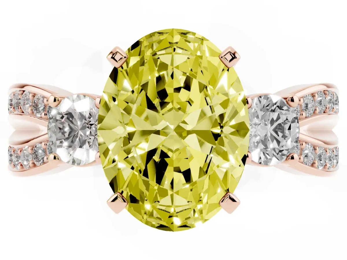 Fancy Yellow Three-Stone Oval Cut Cut Diamond Twist Band with Prong Setting Rose gold