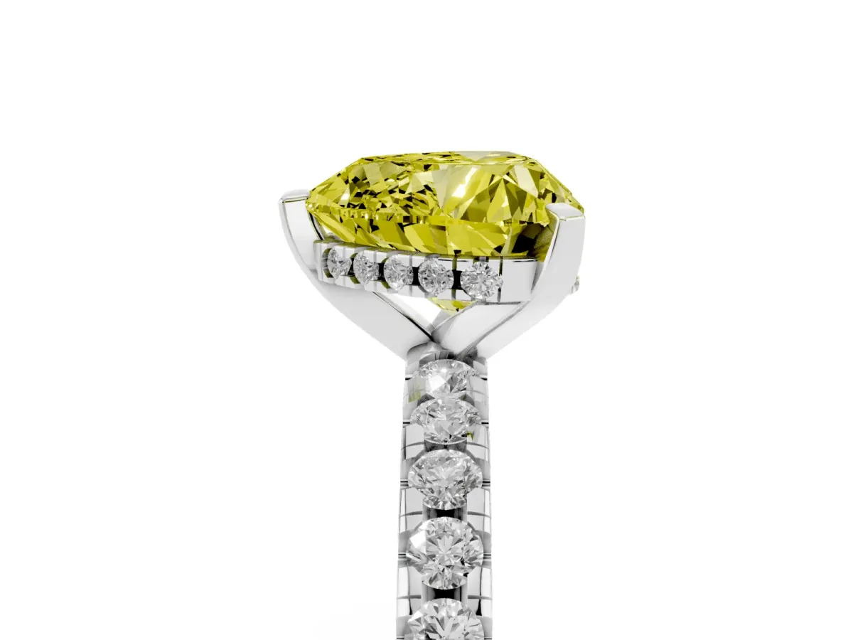 Fancy Yellow Heart Cut Diamond Solitaire Ring with Round Pavé Band and Four-Prong Setting Silver