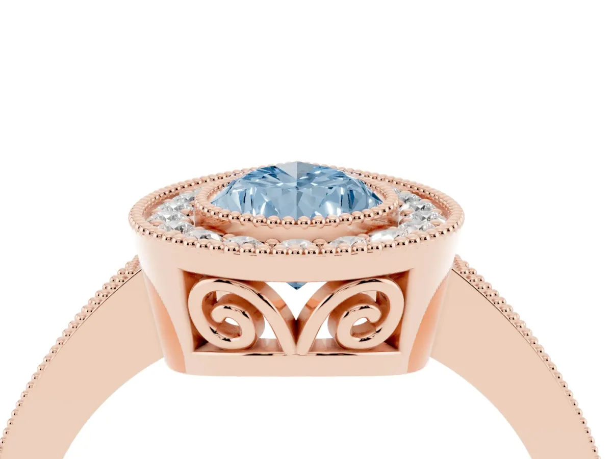 Fancy Blue Pear Cut Cut Halo Diamond Ring with Pavé Band and Milgrain Prong Setting Rose gold