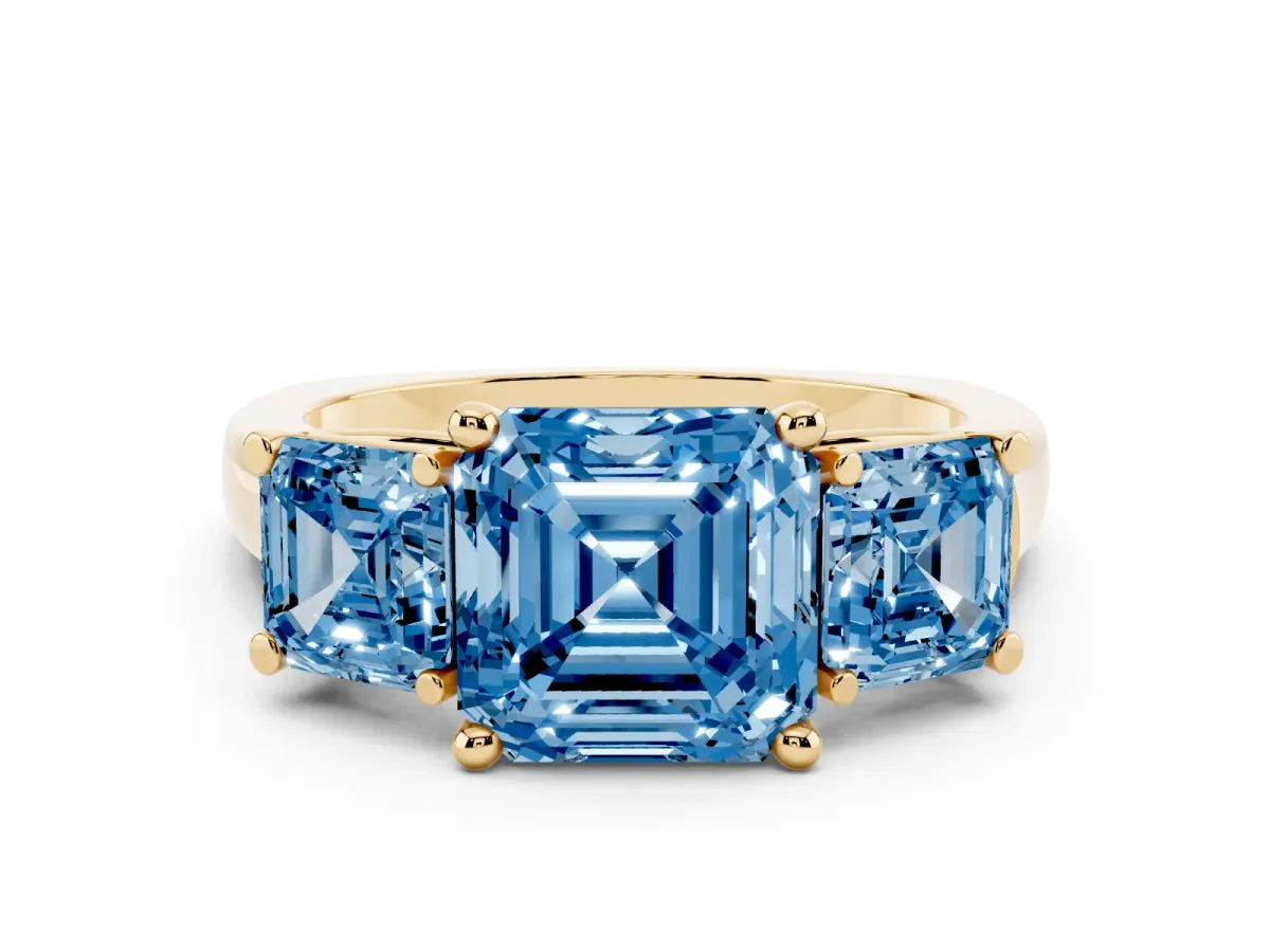 Fancy Blue Three-Stone Asscher Cut Brilliant Diamond Trellis Ring with Comfort Fit Band Yellow gold