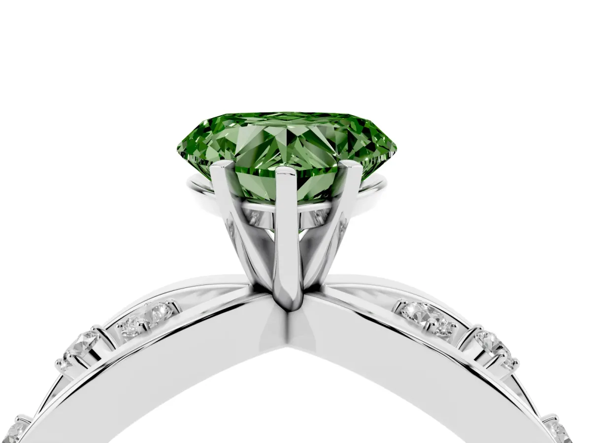 Fancy Green Heart Cut Cut Solitaire Diamond with Side Stones on Criss-Cross Band and Four-Prong Setting Platinum