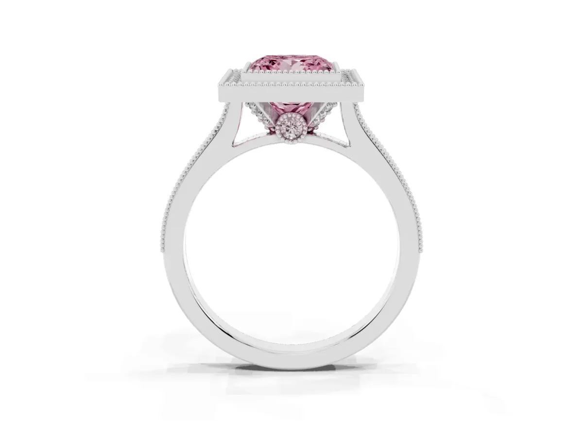 Fancy Pink Halo Princess Cut-Cut Diamond Pave Band Milgrain Prong Setting Ring Platinum