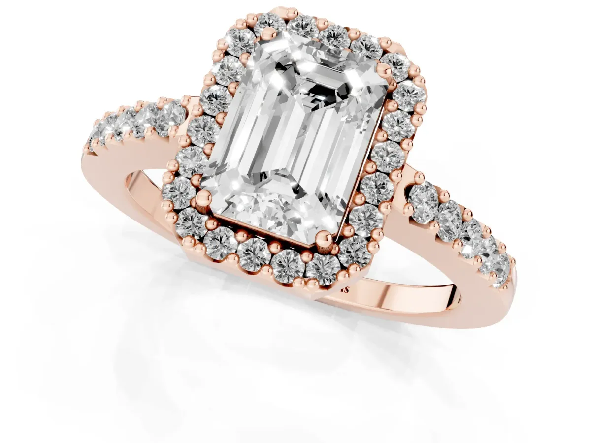 Emerald Cut Halo Diamond Pavé Solitaire Ring Rose gold