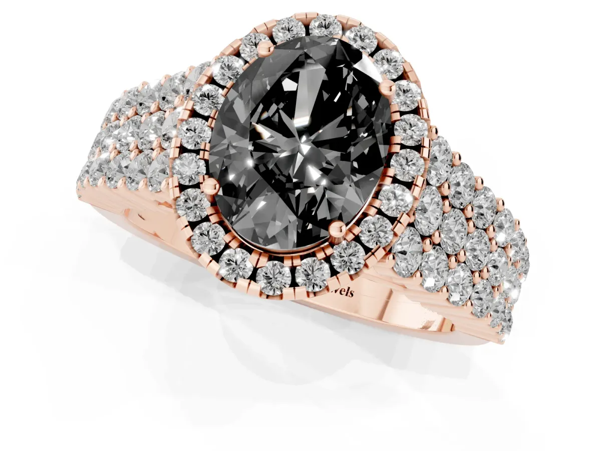 Fancy Black Oval Cut Diamond Halo Engagement Ring with Triple Row Round Pavé Band and Prong Setting Rose gold