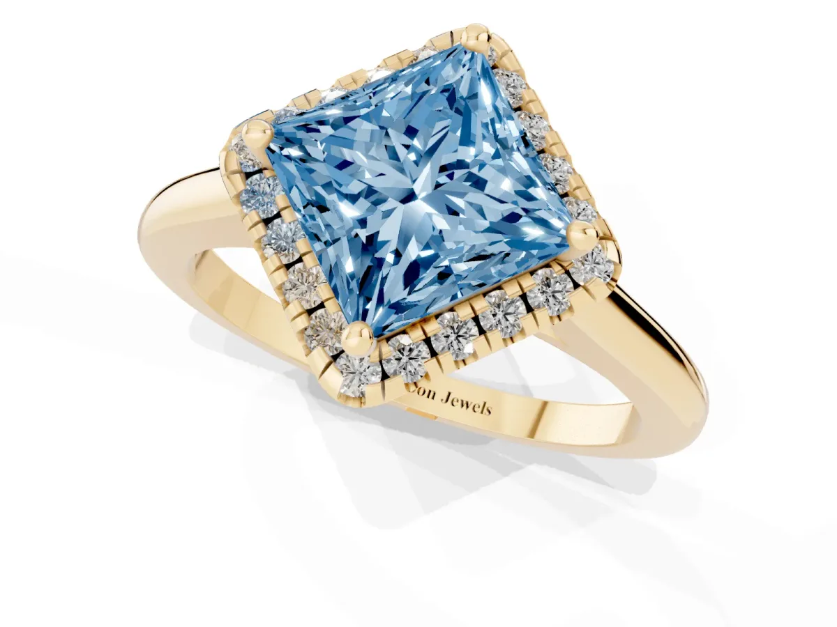 Fancy Blue Princess Cut Halo Round Diamond Solitaire Engagement Ring with Pave Band and Four-Prong Setting Yellow gold