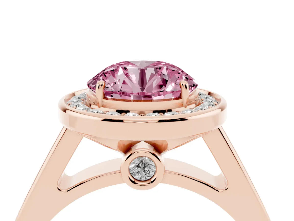 Fancy Pink Round Cut Halo Solitaire Diamond Ring with Pave Band and Bezel Setting Rose gold